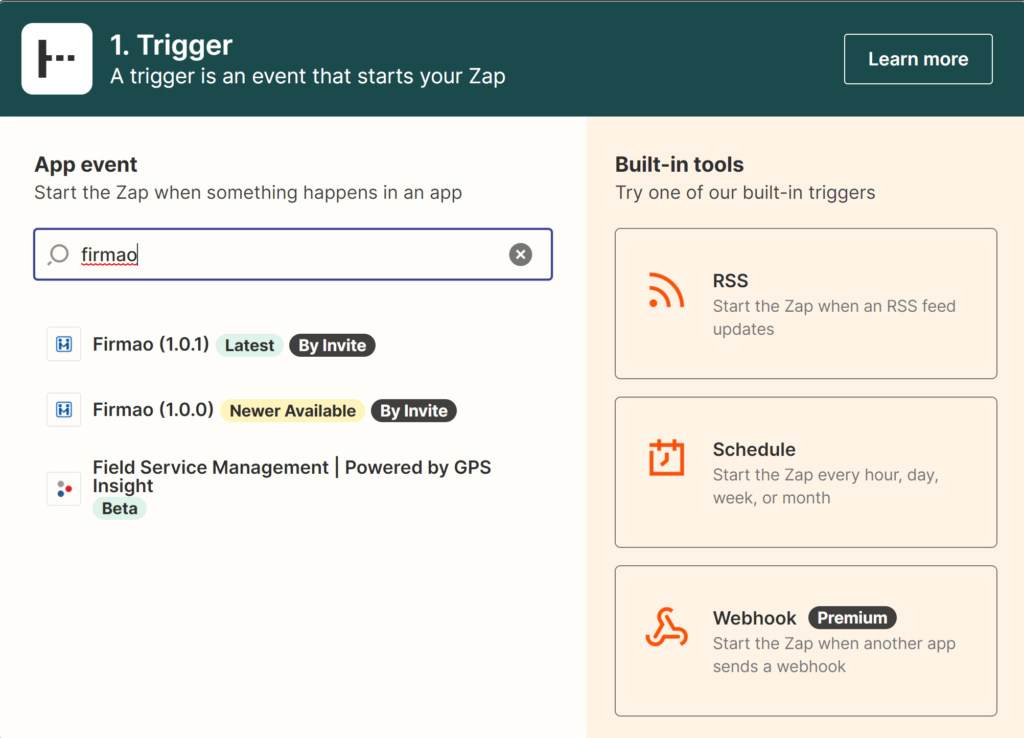Uma imagem mostrando como encontrar as integrações do Firmao no Zapier