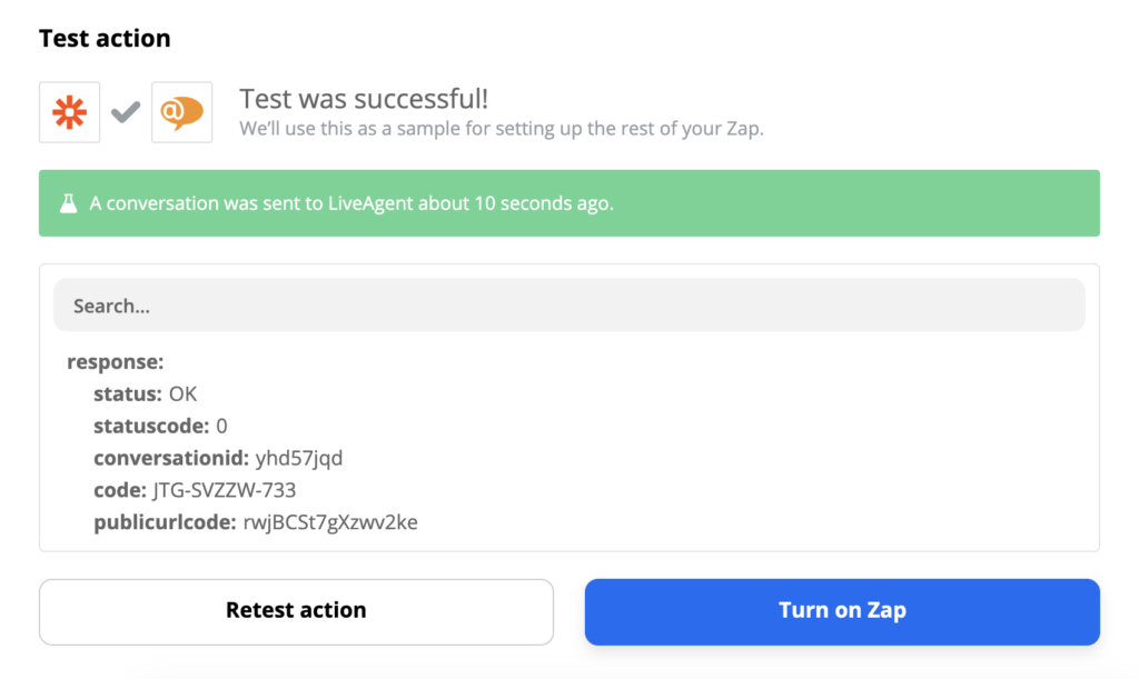 Teste bem-sucedido de integração LiveAgent e Slack no Zapier