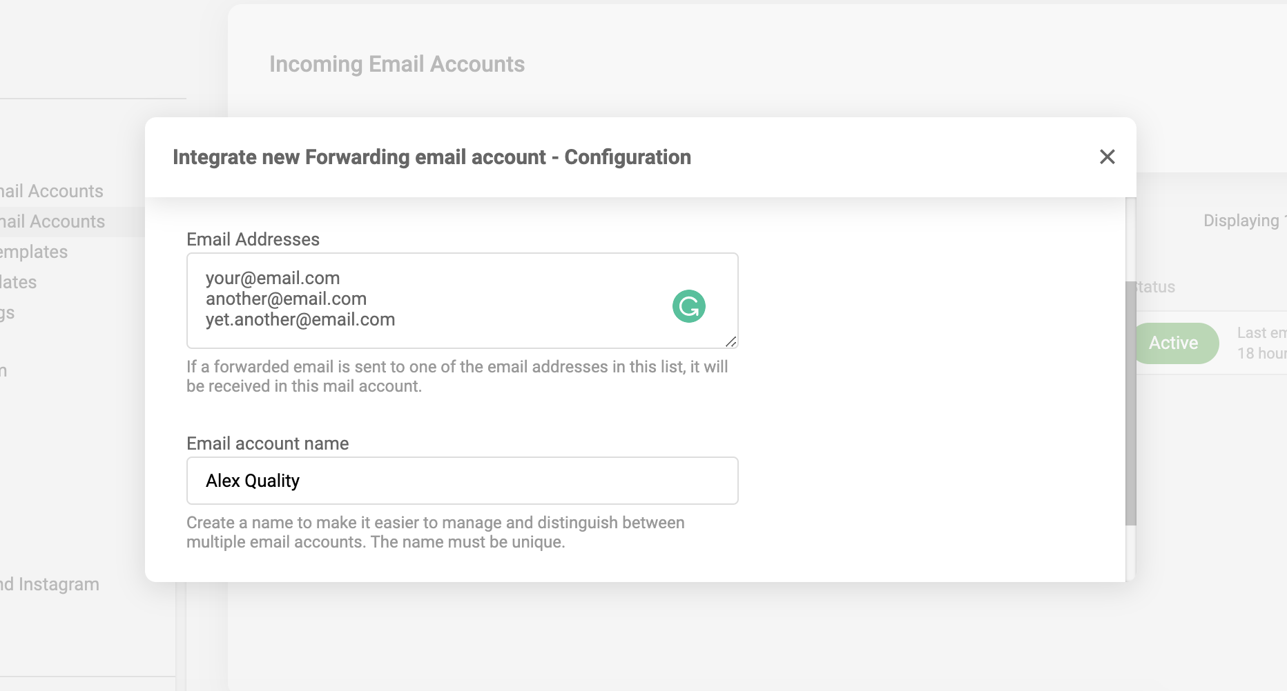 Adicionando contas de e-mail e nome de conta de e-mail na integração de encaminhamento de e-mail do LiveAgent
