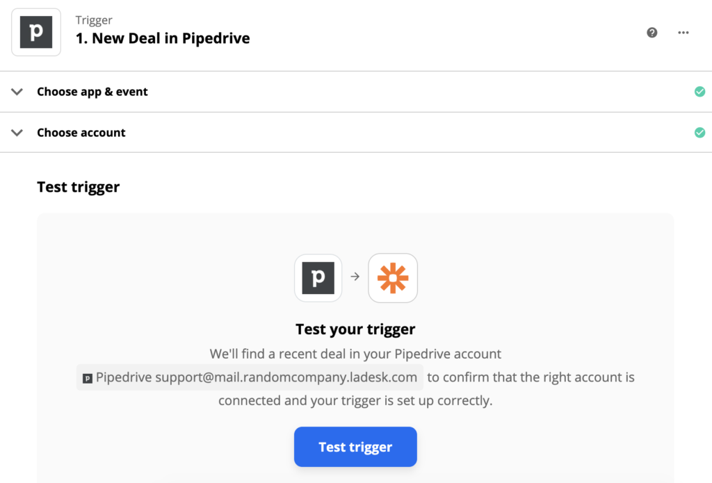 Teste de gatilho PipeDrive após a configuração do gatilho no Zapier